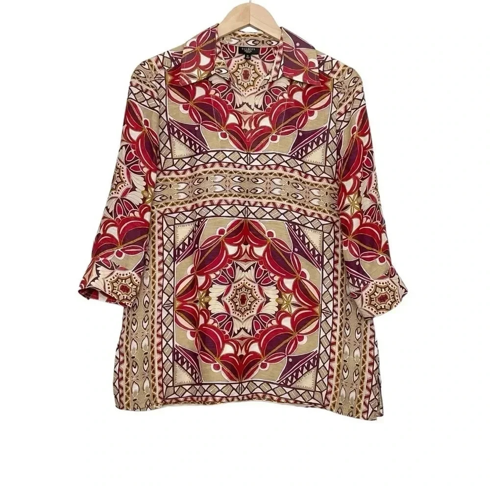 Talbots Linen Silk Geo Print Top 3/4 Sleeve Size 6P